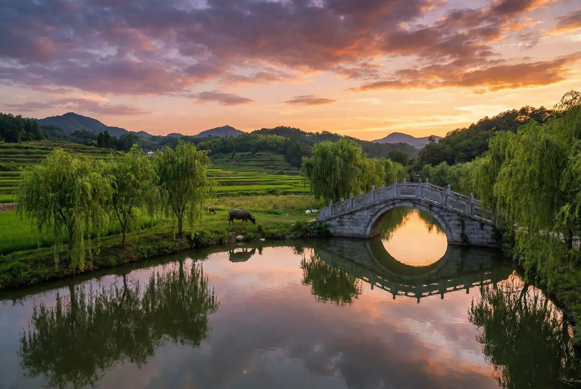 夕阳下的石拱桥与垂柳，水牛在河边吃草 - s货你是不是欠c了公交车作文渺渺 乡村美景