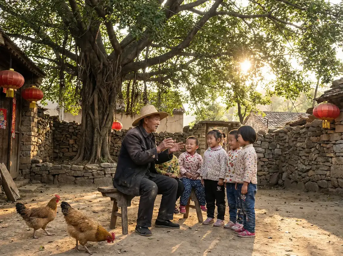 老人在大榕树下给孩子们讲故事 - s货你是不是欠c了公交车作文渺渺 乡村记忆